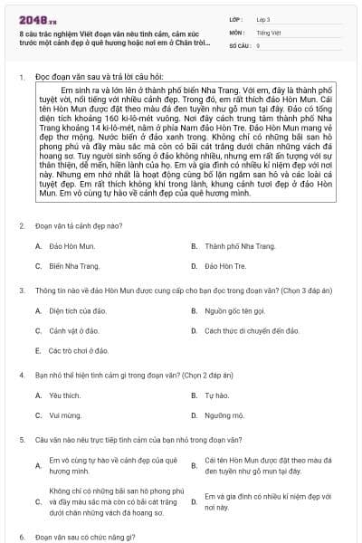8 câu trắc nghiệm Viết đoạn văn nêu tình cảm, cảm xúc trước một cảnh đẹp ở quê hương hoặc nơi em ở Chân trời sáng tạo có đáp án