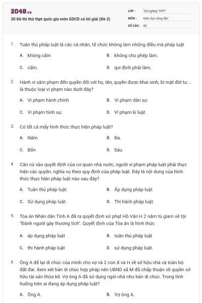 30 Đề thi thử thpt quốc gia môn GDCD có lời giải (Đề 3)
