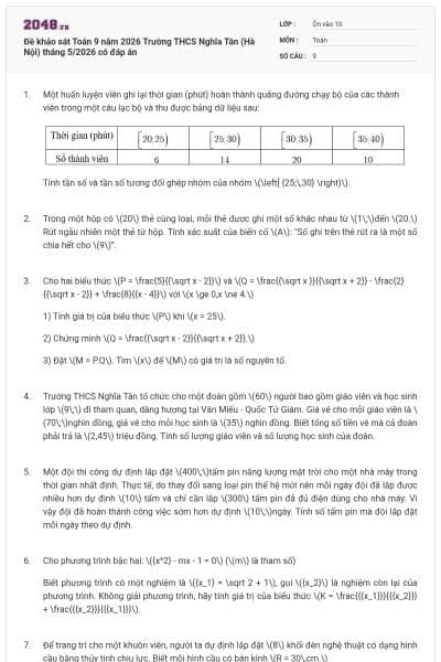 Đề khảo sát Toán 9 năm 2026 Trường THCS Nghĩa Tân (Hà Nội) tháng 5/2026 có đáp án