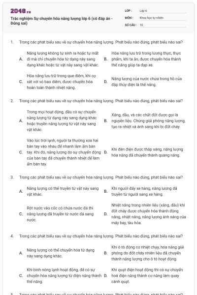 Trắc nghiệm Sự chuyển hóa năng lượng lớp 6 (có đáp án - Đúng sai)