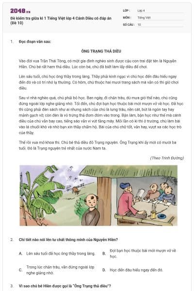 Đề kiểm tra giữa kì 1 Tiếng Việt lớp 4 Cánh Diều có đáp án (Đề 10)