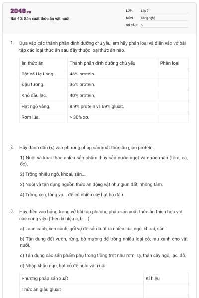 Bài 40: Sản xuất thức ăn vật nuôi