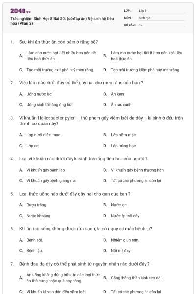 Trắc nghiệm Sinh Học 8 Bài 30: (có đáp án) Vệ sinh hệ tiêu hóa (Phần 2)