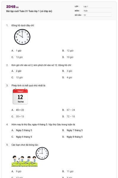 Bài tập cuối Tuần 31 Toán lớp 1 (có đáp án)
