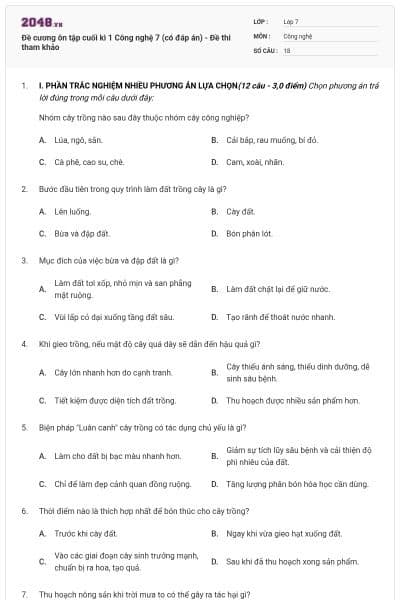Đề cương ôn tập cuối kì 1 Công nghệ 7 (có đáp án) - Đề thi tham khảo