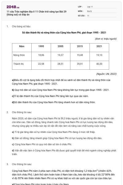 11 câu Trắc nghiệm Địa lí 11 Chân trời sáng tạo Bài 29 (Đúng sai) có đáp án