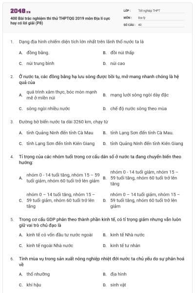 400 Bài trắc nghiệm thi thử THPTQG 2019 môn Địa lí cực hay có lời giải (P8)