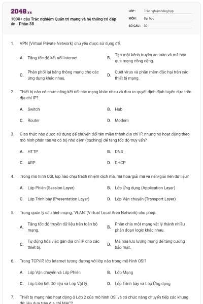 1000+ câu Trắc nghiệm Quản trị mạng và hệ thống có đáp án - Phần 38
