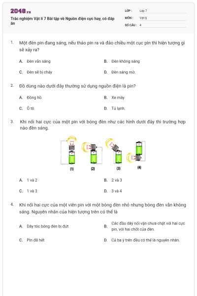 Trắc nghiệm Vật lí 7 Bài tập về Nguồn điện cực hay, có đáp án