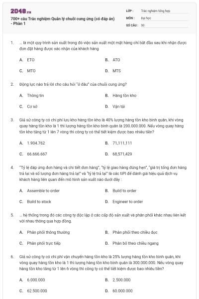 700+ câu Trắc nghiệm Quản lý chuỗi cung ứng (có đáp án) - Phần 1
