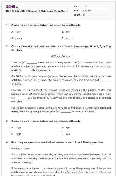 Bộ 8 đề thi cuối kì 2 Tiếng Anh 7 Right on có đáp án (Đề 4)