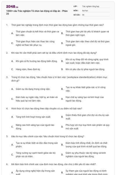 1000+ câu Trắc nghiệm Tổ chức lao động có đáp án - Phần 20