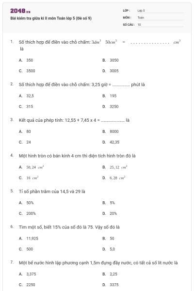 Bài kiểm tra giữa kì II môn Toán lớp 5 (Đề số 9)