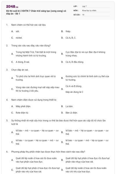 Đề thi cuối kì 2 KHTN 7 Chân trời sáng tạo (song song) có đáp án - Đề 1