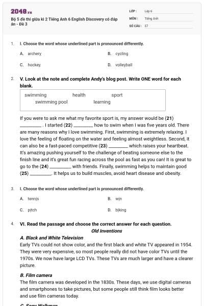 Bộ 5 đề thi giữa kì 2 Tiếng Anh 6 English Discovery có đáp án - Đề 3