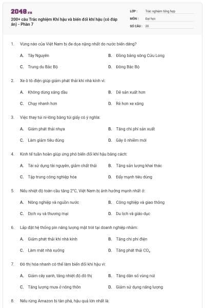 200+ câu Trắc nghiệm Khí hậu và biến đổi khí hậu (có đáp án) - Phần 7
