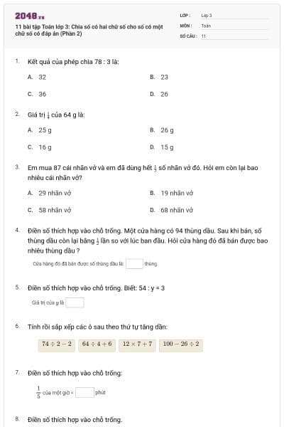 11 bài tập Toán lớp 3: Chia số có hai chữ số cho số có một chữ số có đáp án (Phần 2)