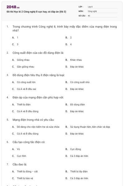 Đề thi Học kì 2 Công nghệ 8 cực hay, có đáp án (Đề 3)