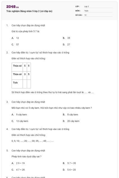 Trắc nghiệm Bảng nhân 5 lớp 2 (có đáp án)