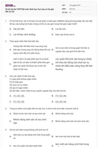30 đề thi thử THPTQG môn Sinh học Cực hay có lời giải (Đề số 23)