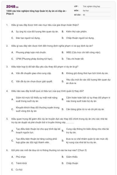 1000 câu trắc nghiệm tổng hợp Quản trị dự án có đáp án  - Phần 8