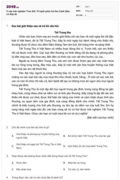 5 câu trắc nghiệm Trao đổi: Vì hạnh phúc trẻ thơ Cánh diều có đáp án