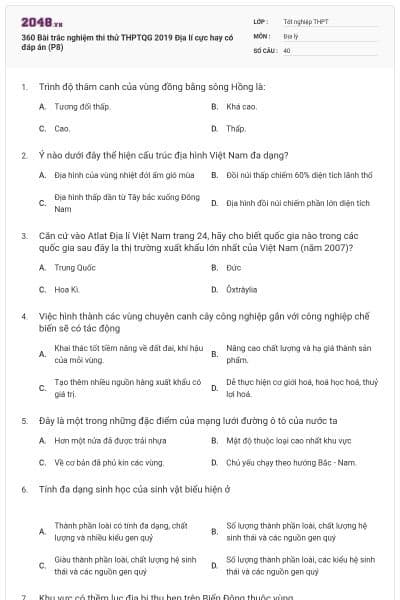 360 Bài trắc nghiệm thi thử THPTQG 2019 Địa lí cực hay có đáp án (P8)