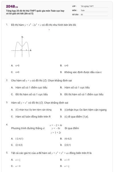 Tổng hợp 20 đề thi thử THPT quốc gia môn Toán cực hay có lời giải chi tiết (Đề số 5)