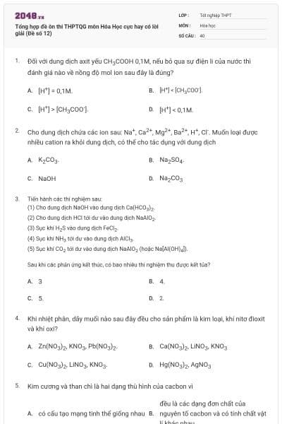 Tổng hợp đề ôn thi THPTQG môn Hóa Học cực hay có lời giải (Đề số 12)