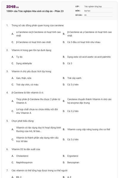 1000+ câu Trắc nghiệm Hóa sinh có đáp án - Phần 23