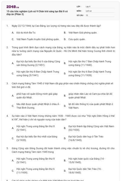 15 câu trắc nghiệm Lịch sử 9 Chân trời sáng tạo Bài 8 có đáp án (Phần 3)