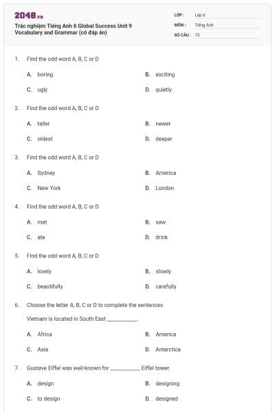 Trắc nghiệm Tiếng Anh 6 Global Success Unit 9 Vocabulary and Grammar (có đáp án)