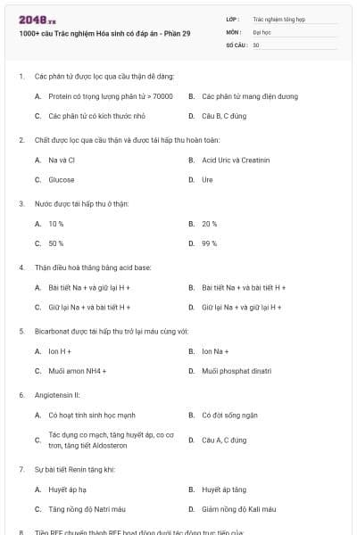 1000+ câu Trắc nghiệm Hóa sinh có đáp án - Phần 29