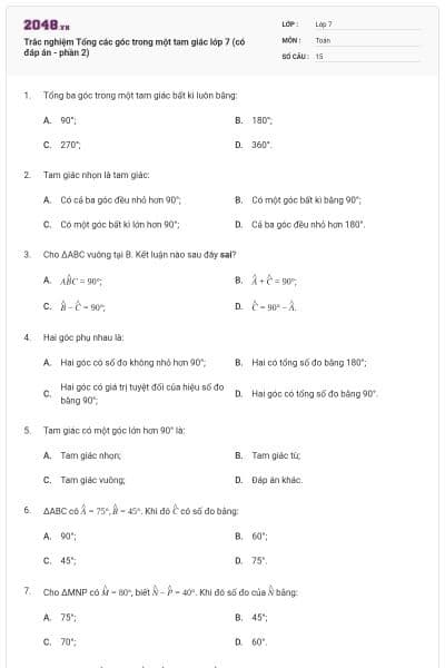 Trắc nghiệm Tổng các góc trong một tam giác lớp 7 (có đáp án - phần 2)