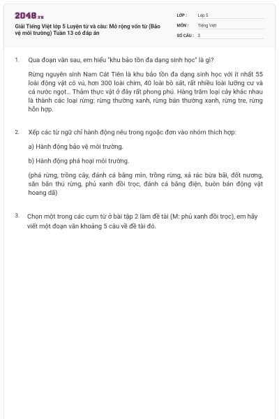 Giải Tiếng Việt lớp 5 Luyện từ và câu: Mở rộng vốn từ (Bảo vệ môi trường) Tuần 13 có đáp án