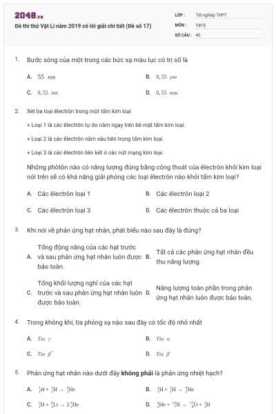 Đề thi thử Vật Lí năm 2019 có lời giải chi tiết (Đề số 17)