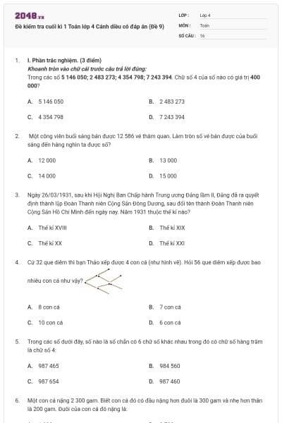 Đề kiểm tra cuối kì 1 Toán lớp 4 Cánh diều có đáp án (Đề 9)