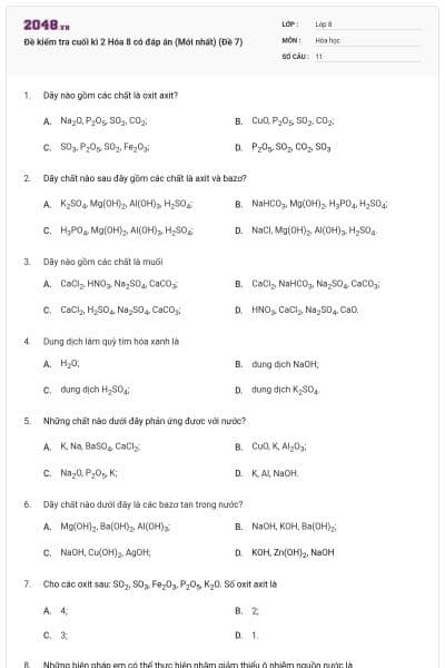 Đề kiểm tra cuối kì 2 Hóa 8 có đáp án (Mới nhất) (Đề 7)