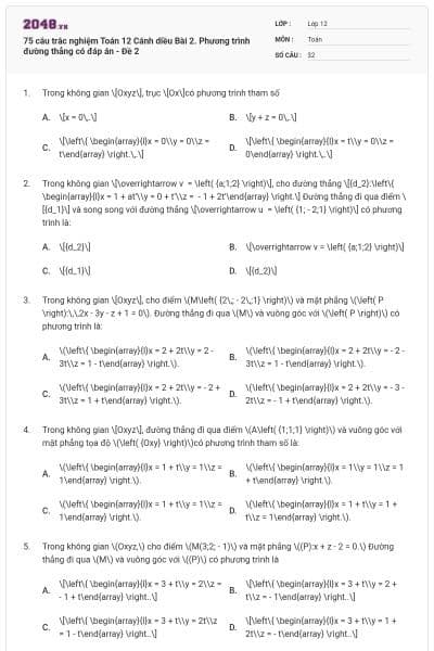 75 câu trắc nghiệm Toán 12 Cánh diều Bài 2. Phương trình đường thẳng có đáp án - Đề 2