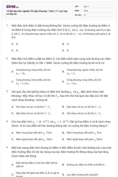 15 Bài tập trắc nghiệm Ôn tập Chương 1 Vật Lí 11 cực hay có đáp án