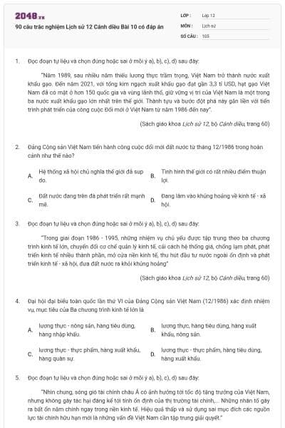 90 câu trắc nghiệm Lịch sử 12 Cánh diều Bài 10 có đáp án