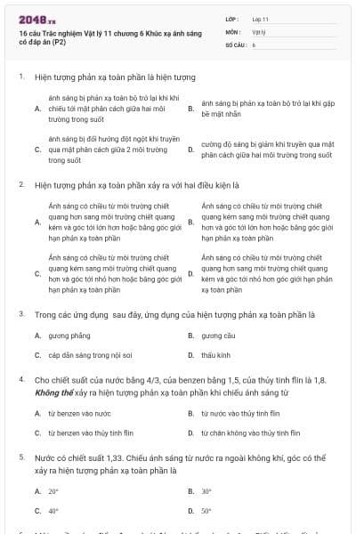 16 câu Trắc nghiệm Vật lý 11 chương 6 Khúc xạ ánh sáng có đáp án (P2)