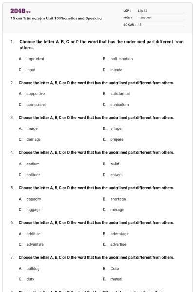15 câu Trắc nghiệm Unit 10 Phonetics and Speaking