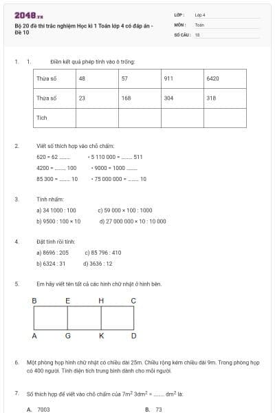Bộ 20 đề thi trắc nghiệm Học kì 1 Toán lớp 4 có đáp án - Đề 10