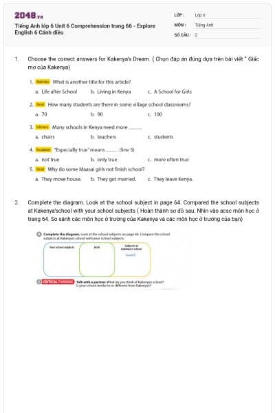 Tiếng Anh lớp 6 Unit 6 Comprehension trang 66 - Explore English 6 Cánh diều