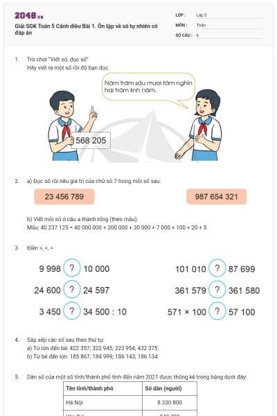 Giải SGK Toán 5 Cánh diều Bài 1. Ôn tập về số tự nhiên  có đáp án
