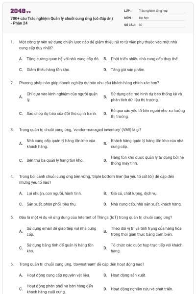 700+ câu Trắc nghiệm Quản lý chuỗi cung ứng (có đáp án) - Phần 24