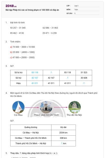 Bài tập Phép trừ các số trong phạm vi 100 000 có đáp án