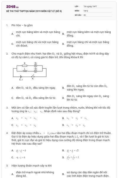 ĐỀ THI THỬ THPTQG NĂM 2019 MÔN VẬT LÝ (ĐỀ 8)