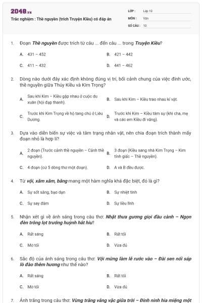 Trắc nghiệm : Thề nguyền (trích Truyện Kiều) có đáp án